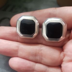 Vintage Sterling S stud earrings inlay Obsidian